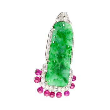 Carved Jadeite Jade & Diamond Pin and Synthetic Dangling Ruby Bead Platinum Pin – Assay Jewelers