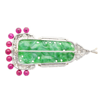 Carved Jadeite Jade & Diamond Pin and Synthetic Dangling Ruby Bead Platinum Pin – Assay Jewelers