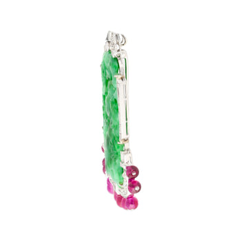 Carved Jadeite Jade & Diamond Pin and Synthetic Dangling Ruby Bead Platinum Pin – Assay Jewelers