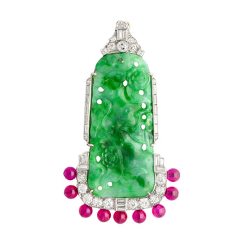 Carved Jadeite Jade & Diamond Pin and Synthetic Dangling Ruby Bead Platinum Pin – Assay Jewelers