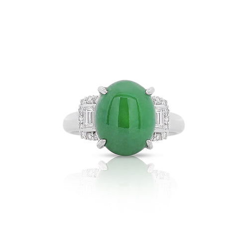 Certified 5.80 Carat Natural Jadeite Jade and Baguette Diamond Platinum Ring