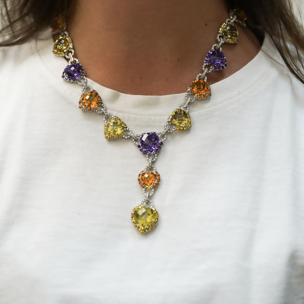 Citrine Amethyst Diamond Heart in 18K White Gold Necklace & Earring Set