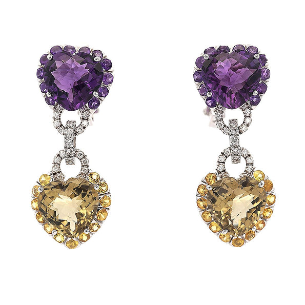 Citrine Amethyst Diamond Heart in 18K White Gold Necklace & Earring Set