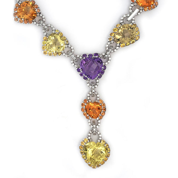 Citrine Amethyst Diamond Heart in 18K White Gold Necklace & Earring Set