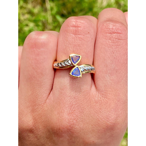 Curved Triangle Cut Tanzanite Ring in 14k Yellow and White Gold