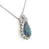 Drop Shaped Black Opal with Marquise & Round Diamond Halo Pendant Or Brooch in 14K White Gold