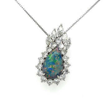 Drop Shaped Black Opal with Marquise & Round Diamond Halo Pendant Or Brooch in 14K White Gold – Assay Jewelers