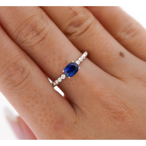 East West Oval Blue Sapphire and Diamond 18K White Gold Textured Ring