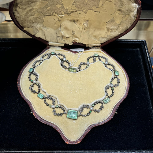Edwardian Era Platinum, Silver, Emerald, Diamond, and Pearl Necklace