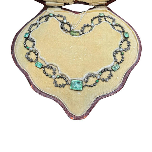 Edwardian Era Platinum, Silver, Emerald, Diamond, and Pearl Necklace