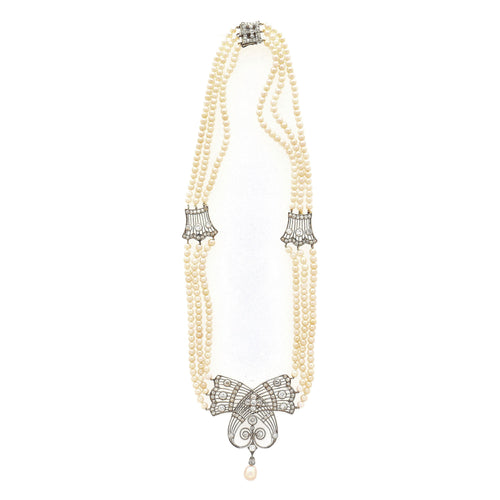 Edwardian GIA Certified Saltwater Pearl & Old Euro Cut Diamond Necklace