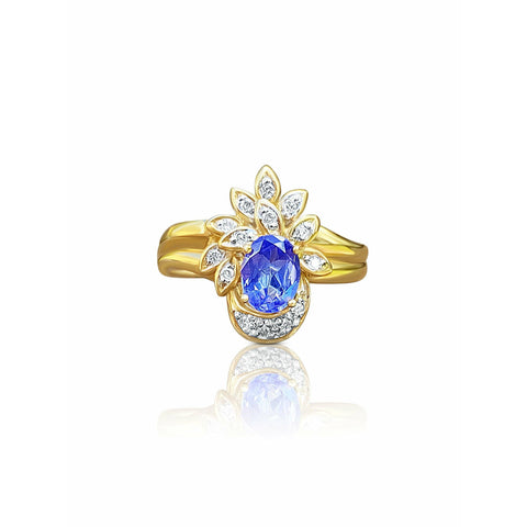 Floral Blue Dominant Tanzanite Ring in 14k Yellow Gold and Diamond Ring