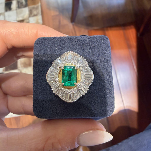 GIA 1.38 Carat Emerald Cut Colombian Emerald & Diamond Platinum Ballerina Ring