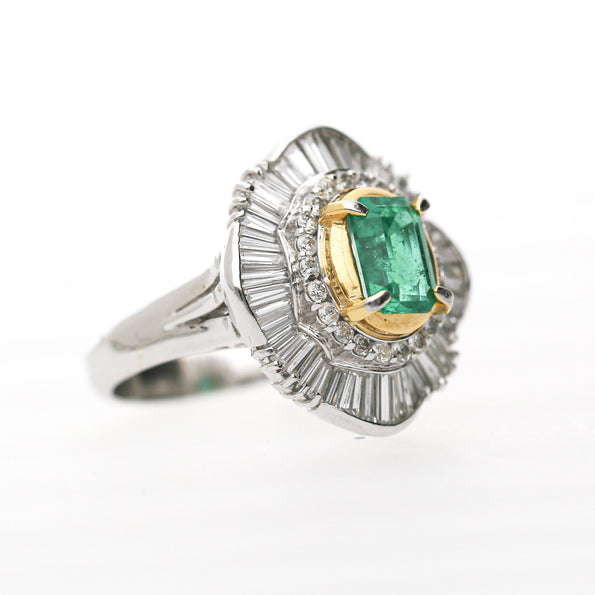 GIA 1.38 Carat Emerald Cut Colombian Emerald & Diamond Platinum Ballerina Ring
