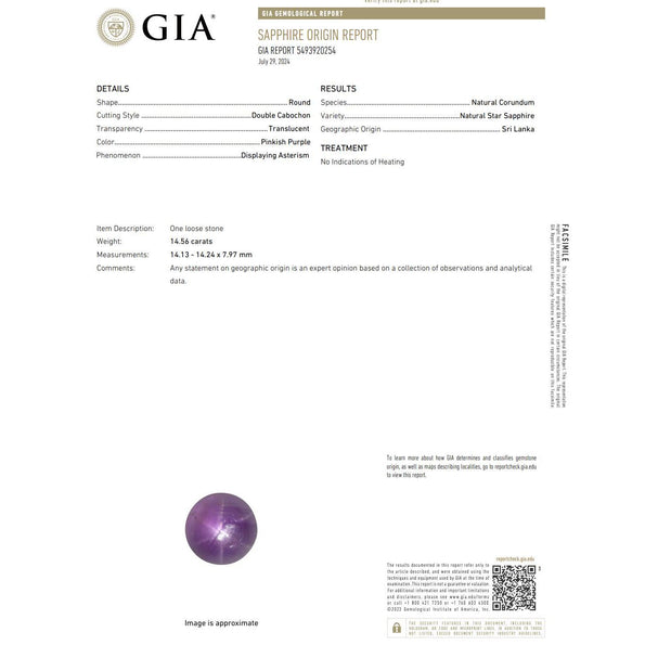 GIA Cert. 14.56 Carat Purple Star Sapphire No Heat Sri Lanka Sunburst Ring