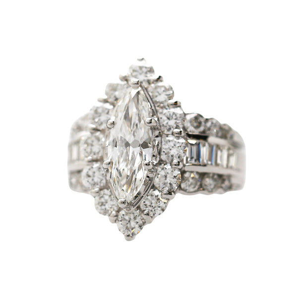 GIA Cert. 1.50 Marquise Diamond E/VS2 Cluster Halo Platinum Band Cocktail Ring