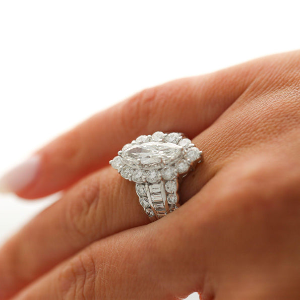 GIA Cert. 1.50 Marquise Diamond E/VS2 Cluster Halo Platinum Band Cocktail Ring
