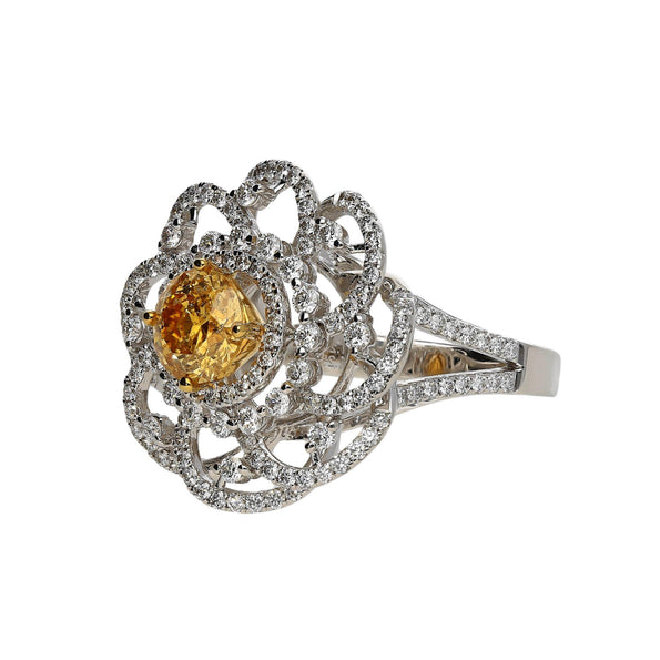GIA Certified 1.22 Carat Fancy Intense Orange-Yellow Diamond Floral Halo Ring