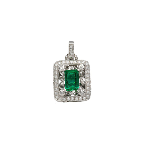 GIA Certified 1.39 Carat Zambian Emerald and Diamond Floral Box Pendant Necklace