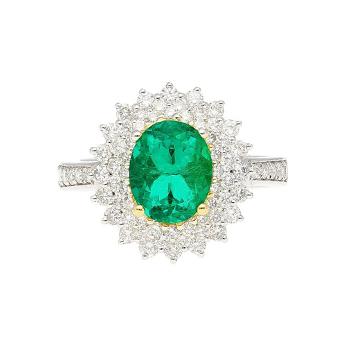 GIA Certified 1.76 carat Minor Oil Oval Colombian Emerald & Diamond Halo Ring in 18K