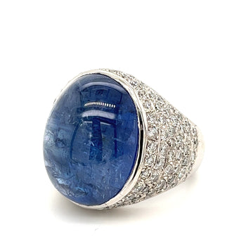 Bague cocktail en saphir bleu taille cabochon, 26 carats, certifiée GIA – Assay Jewelers