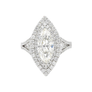 GIA Certified 2.38 Carat Marquis-Cut, H Color, Si1 Clarity Diamond set in 18k white gold and diamond halo ring – Assay Jewelers