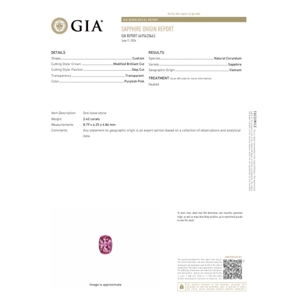 GIA Certified 2.42 Carat Purplish Pink Sapphire & Diamond Three Stone Ring