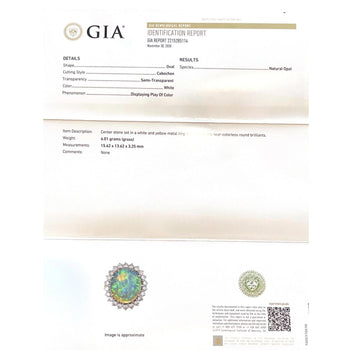 Bague halo en platine et or avec opale blanche de 4,09 carats et diamants, certifiée GIA – Assay Jewelers