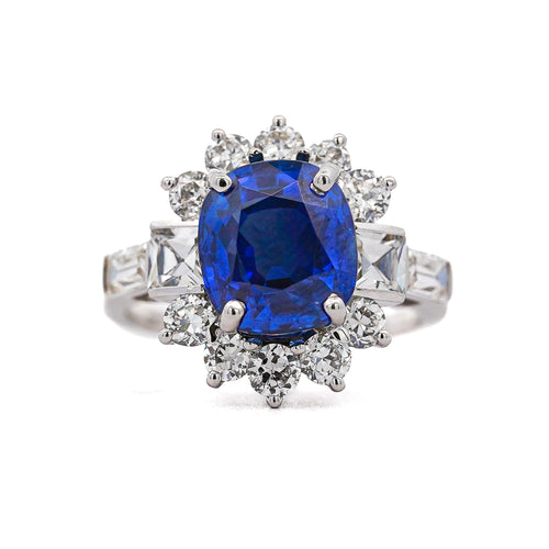 GIA Certified 5.35 Carat Cushion Cut Burma Sapphire Vintage Ring