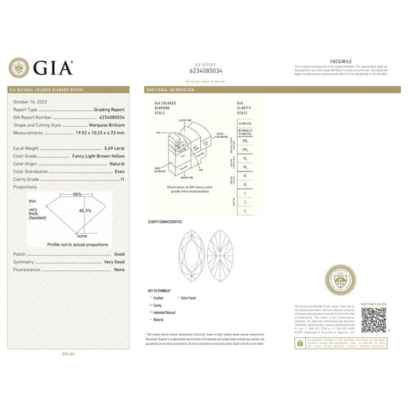 GIA Certified 5.69 Carat Fancy Light Brown-Yellow Marquise Diamond Ring