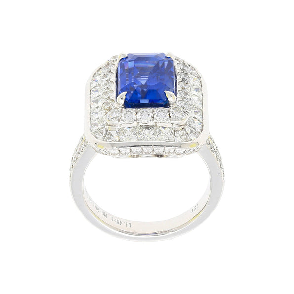 GIA Certified 6 Carat Emerald Cut No Heat Burma Blue Sapphire & Diamond Ring