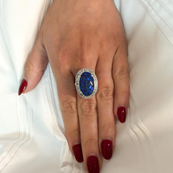 GIA Certified 8.69 Carat Cabochon Black Opal & Diamond in Platinum Cocktail Ring