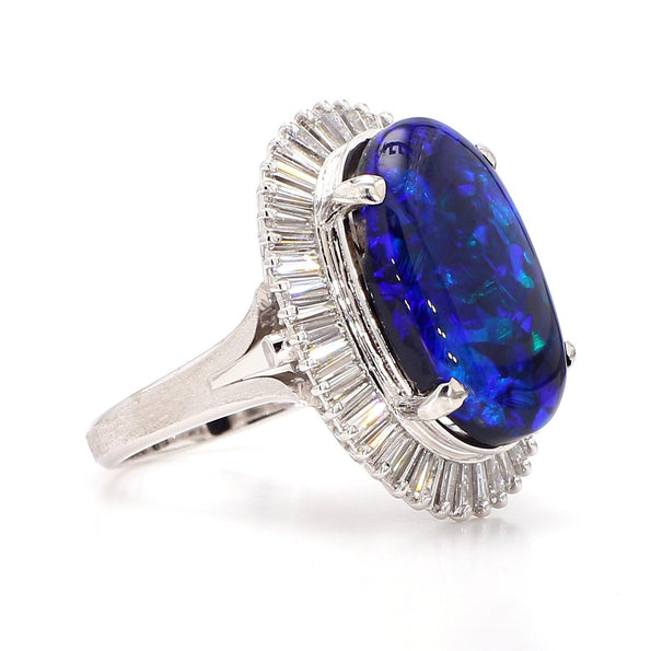 GIA Certified 8.69 Carat Cabochon Black Opal & Diamond in Platinum Cocktail Ring