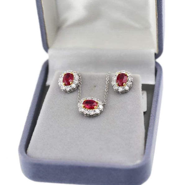 GIA Certified Burma Ruby Diamond Halo 18K Two Tone Gold Necklace & Earring Set