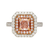 Bague en or 18K sertie d’un diamant rose orangé certifié GIA avec double halo