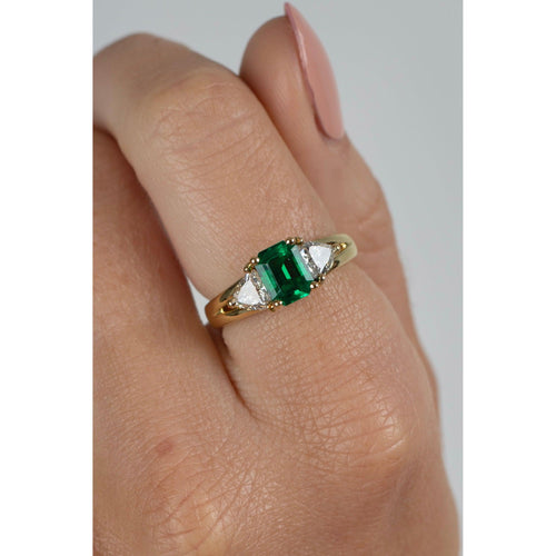 GIA Certified Minor Oil Zambian Emerald & Trillion Diamond 3-Stone Ring in 18K