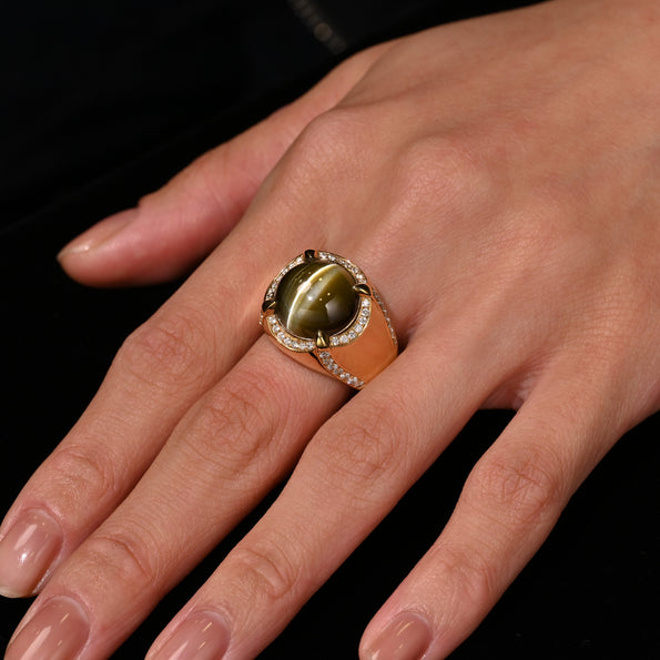 GRS Certified 13.89 Carat Chrysoberyl Cat's Eye Men's Ring