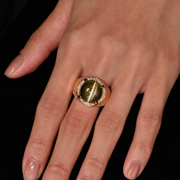 GRS Certified 13.89 Carat Chrysoberyl Cats Eye Mens 18K Yellow Gold Ring
