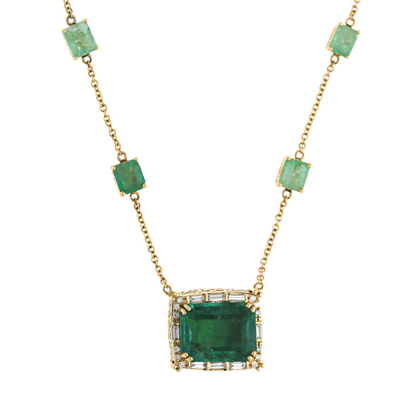 GRS Certified 17.85 Carat Emerald & Diamond Filigree 14K Yellow Gold Necklace