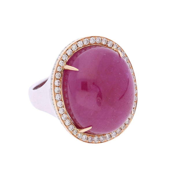 GRS Certified 48 Carat Star Ruby Cabochon & Diamond in 18K Rose Gold Halo Ring