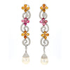 Greek 18K White Gold Diamond Pink Tourmaline Yellow Garnet Pearl Drop Earrings
