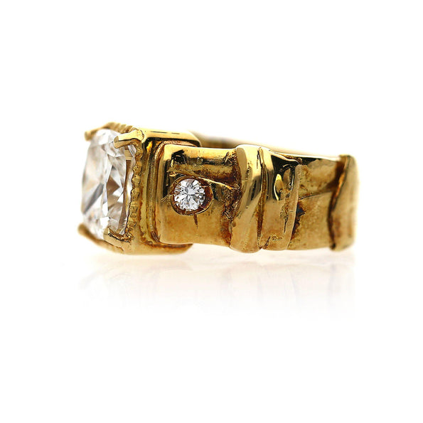 IGI 4.22 Carat Lab Cushion Diamond Misani 18K Gold Bark Texture Ring
