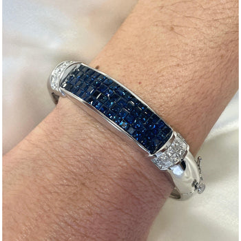 Invisible Set 19 Carat Square Cut Blue Sapphire and Diamond Bangle in 14K White Gold – Assay Jewelers