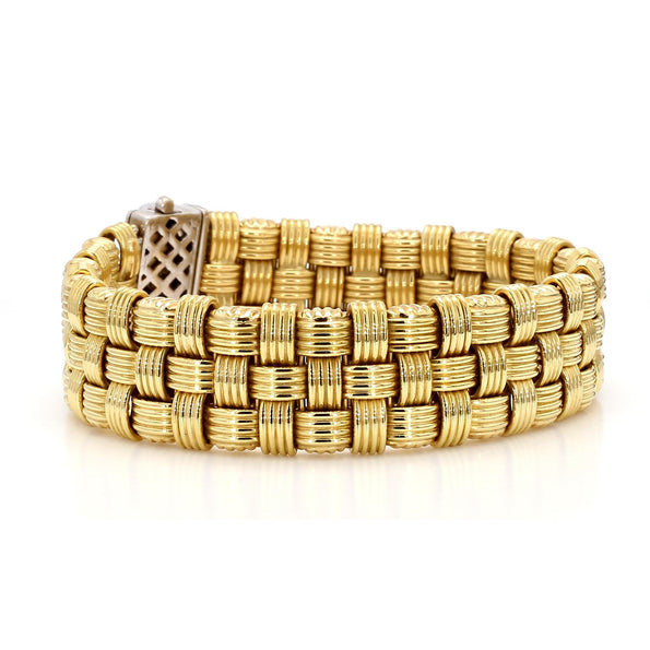 Italian 18K Gold Diamond Pave Clasp Woven Basket Bracelet