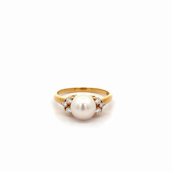 Mikimoto Signed 8mm Pearl & Diamond Cluster in 18K Yellow Gold Cocktail Ring – Assay Jewelers