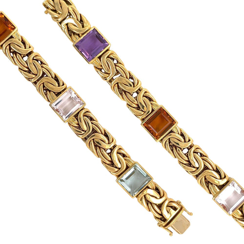 Multi Gem Byzantine Chain Bracelet and Necklace Set in 18k Gold