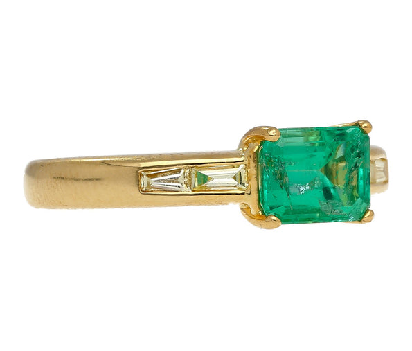 Natural 1 Carat Emerald & Baguette Diamond 18K Gold East West Ring