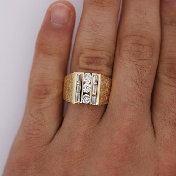 Natural 1 Carat Round & Baguette Cut Diamond in 18K Yellow Gold Matte Mens Ring