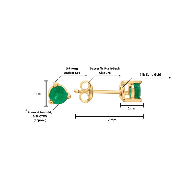 Half Carat Bezel Prong Emerald Stud Earrings in 14K Gold