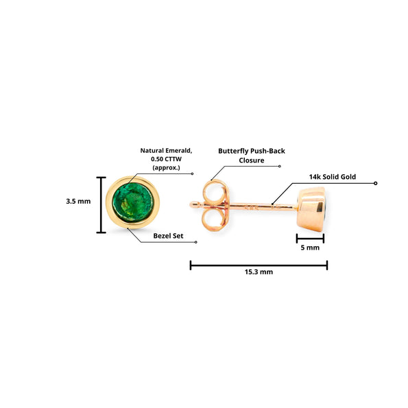 Half Carat Bezel Prong Emerald Stud Earrings in 14K Gold